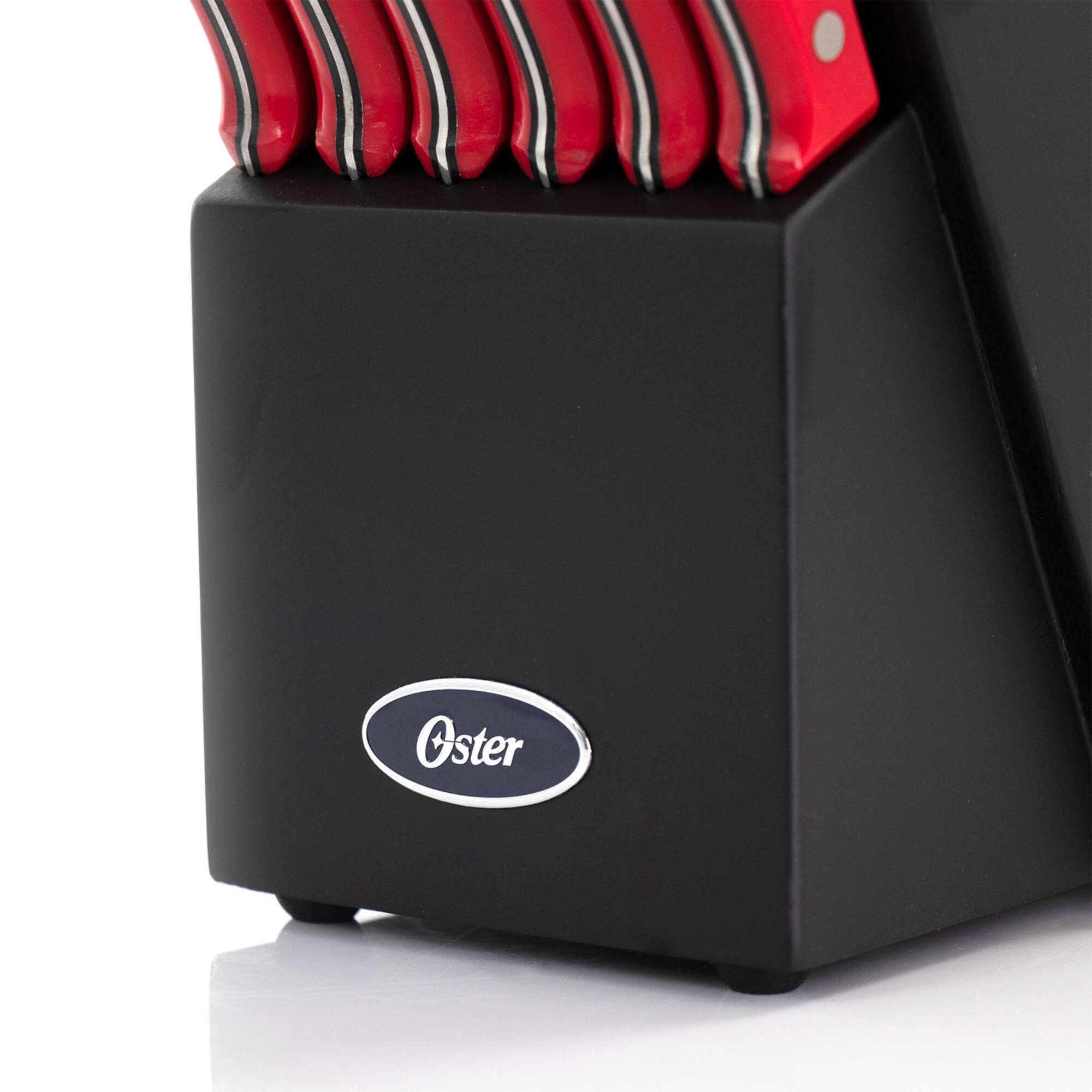 Oster Steffen 14-Piece Red Stainless Steel Cutlery Set with Hardwood Storage Block